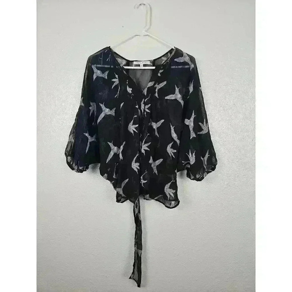 Tops - Black Rainn Sheer Thin Kimono Small Black White Bird Pattern Tie Front V Neck